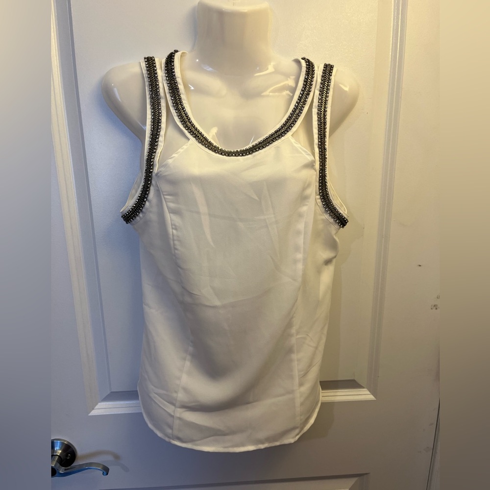 White sheer xoxo top with chain and rhinestone detail on neck